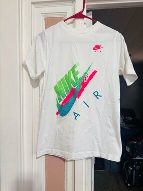 Nike White Kids' Tee with Neon Pink, Green & Blue 'Nike Air' Graphic